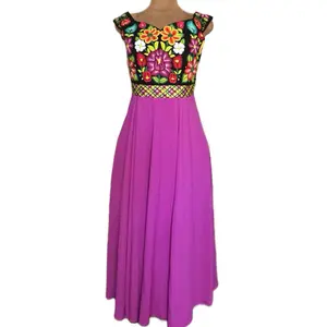 Oaxacan Ladies Elegant Dress with Vibrant Floral Hand Embroidery and Flowy Skirt