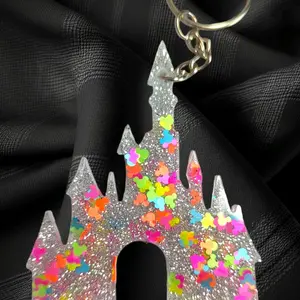 Magical Castle Keychain Made with Resin and Mouse Glitter Sparkling Colorful Design Unique Accessory