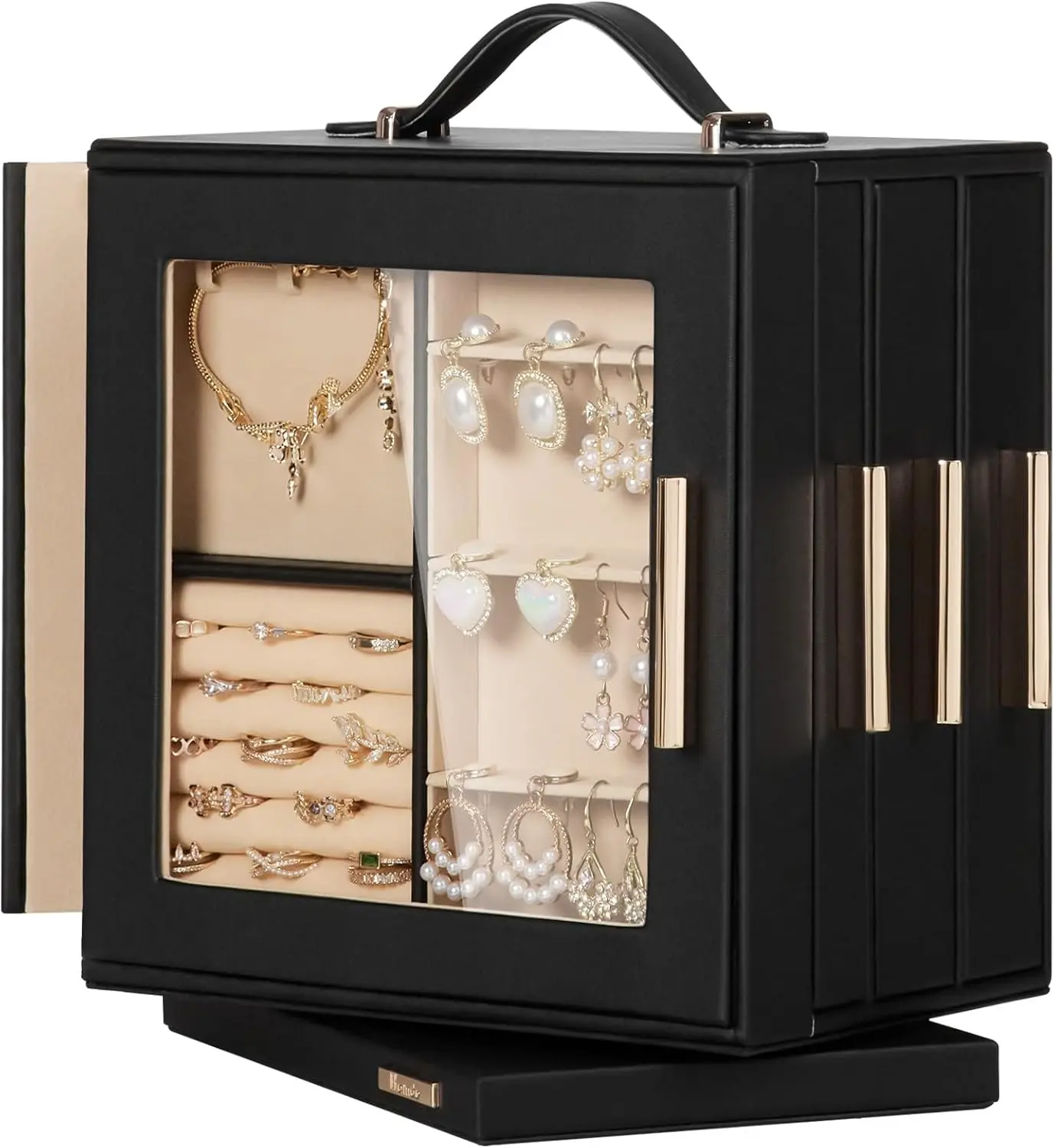 Box 360 Rotating, Necklace Earring Organizer with Transparent Window, Mirror, 7 Drawers, Large Ring Display Storage Case for Girls Women (Black)
