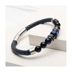 Verve Men's Jewelry Leather Hawk Eye Bead Bracelet