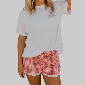 Dear-Lover Women's Red Gingham Plaid Tie Elastic Waist Lace Patchwork Hem Casual Shorts, 95%Cotton 5%Polyester Breathable Fabric, Chic Elegance Womenswear Bottoms