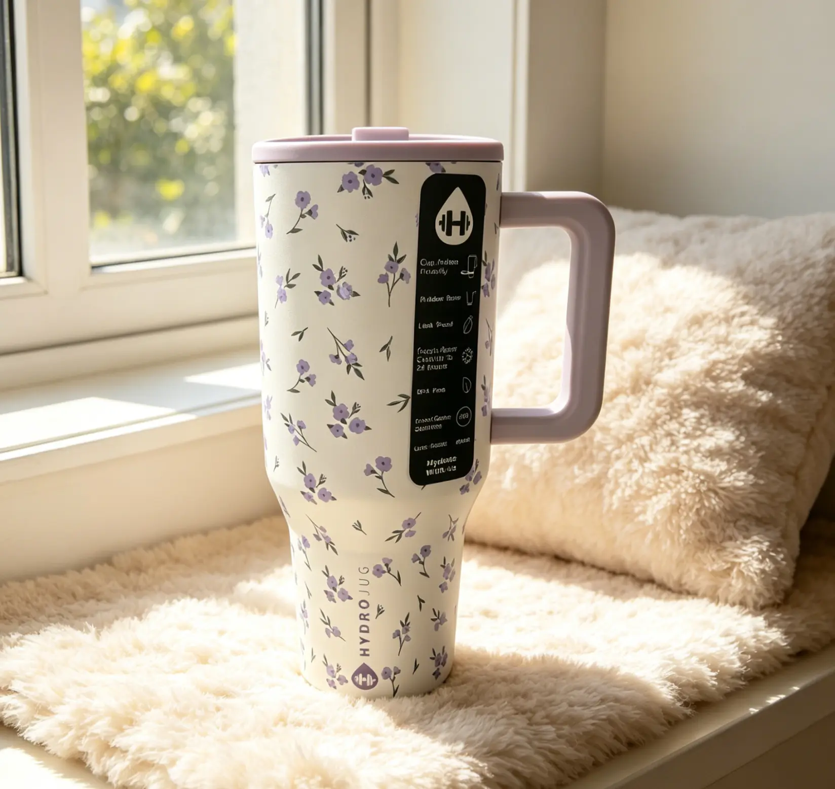 HydroJug Rodeo 40oz Limited Edition Purple Small Flowers Print Floral Water Bottle - Leakproof, Insulated, Lightweight Stainless Steel Vacuum Flask Tumbler, Portable Travel Kitchenware Drinkware for Adults' Daily Hydration, Vacuum Tumbler