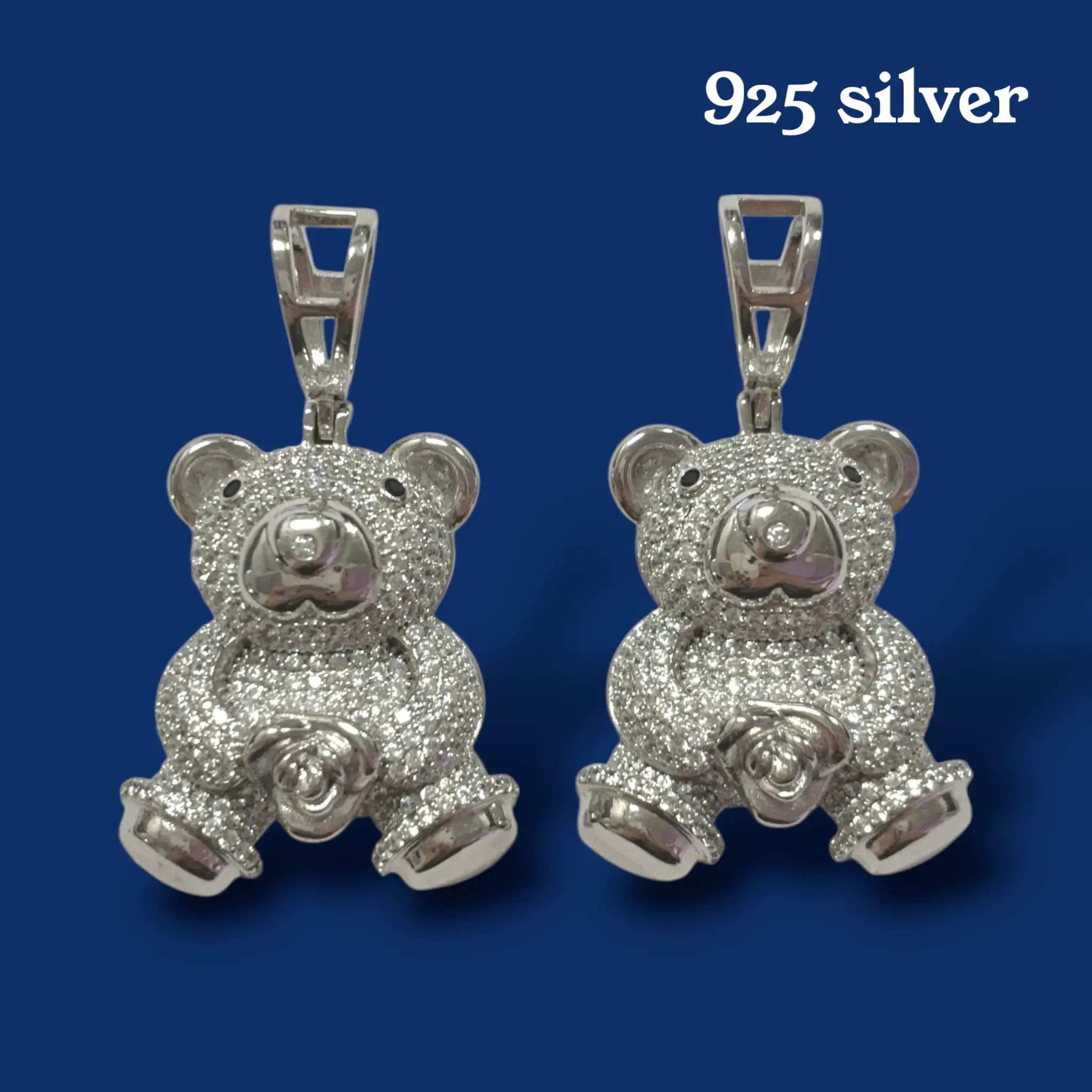 925 Sterling Silver Teddy Bear Pendant with Rose  CZ Bear Charm Statement Necklace Pendant 11.10g