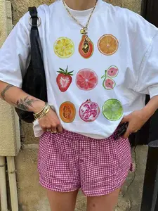 Women's Summer Fruit Print Oversized T-Shirt, Colorful Lemon Papaya Orange Strawberry Graphic Tee, Casual Y2K Streetwear Top For Beach Vacation