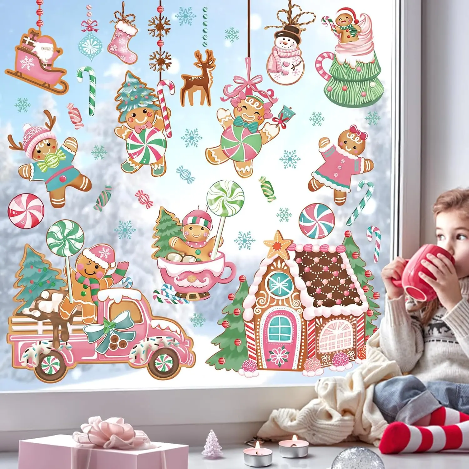 Pink Gingerbread Man Window Clings Christmas Peppermint Candy Gingerbread House Glass Sticker Decal Anti Collision Double-Side Static Window Decals for Glass Christmas Party