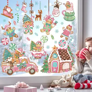 Pink Gingerbread Man Window Clings Christmas Peppermint Candy Gingerbread House Glass Sticker Decal Anti Collision Double-Side Static Window Decals for Glass Christmas Party