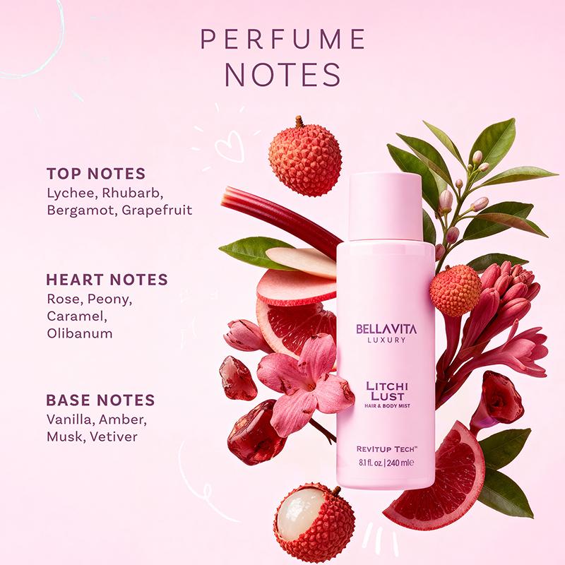 Bellavita Luxury Litchi Lust Hair & Body Mist for Women Sweet Fruity Body Spray Refreshing Hair and Body Mist Lightweight Alcohol-Free Perfume for Women 240 ML 8.12 fl oz
