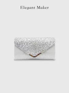 Shimmering Silver Color Envelope Clutch Purse, Luxury Glitter Sequin Handbag, Detachable Chain, Stylish for Cocktail Parties & Evening Events