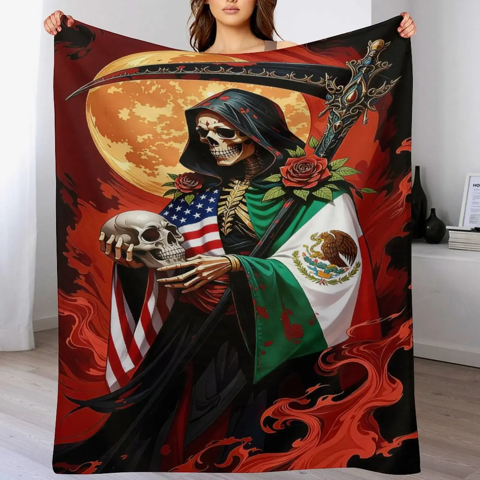 Santa Muerte Mexican American Flag Grim Reaper Graphic Flannel Cooling Blanket - Soft Cozy American-Themed, Mexican Flag, Dark, Gothic Style Blanket for Bedroom - Perfect Gift for Chicano Culture Fans, American-Themed Blankets, Dark Blankets