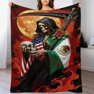 Santa Muerte Mexican American Flag Grim Reaper Graphic Flannel Cooling Blanket - Soft Cozy American-Themed, Mexican Flag, Dark, Gothic Style Blanket for Bedroom - Perfect Gift for Chicano Culture Fans, American-Themed Blankets, Dark Blankets