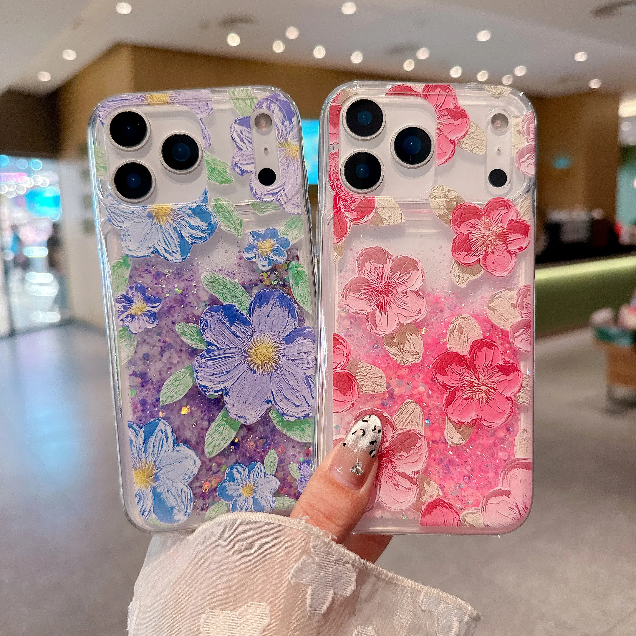 Glow in The Dark Floral Liquid Glitter Case for iPhone 17 16 15 14 13 12 11 Pro Max, 3D Flower Oil Painting Design Clear Protective Case with Fluorescent Liquid Floating Glitter, Stylish Aesthetic Phone Case for Women Girl