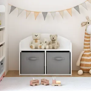 Kids Wooden Toy Box/Bench with Collapsible Fabric Drawers,Toy Storage Cabinet Organizer, White