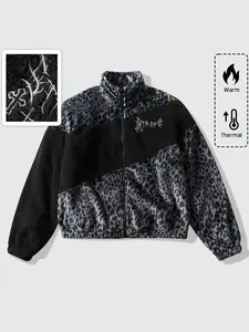 Y2K Street Style Fleece Jacket, Unisex Colorblock Embroidered Logo, Oversized Lamb Fur Zipper Coat, Warm Soft Winter Outerwear