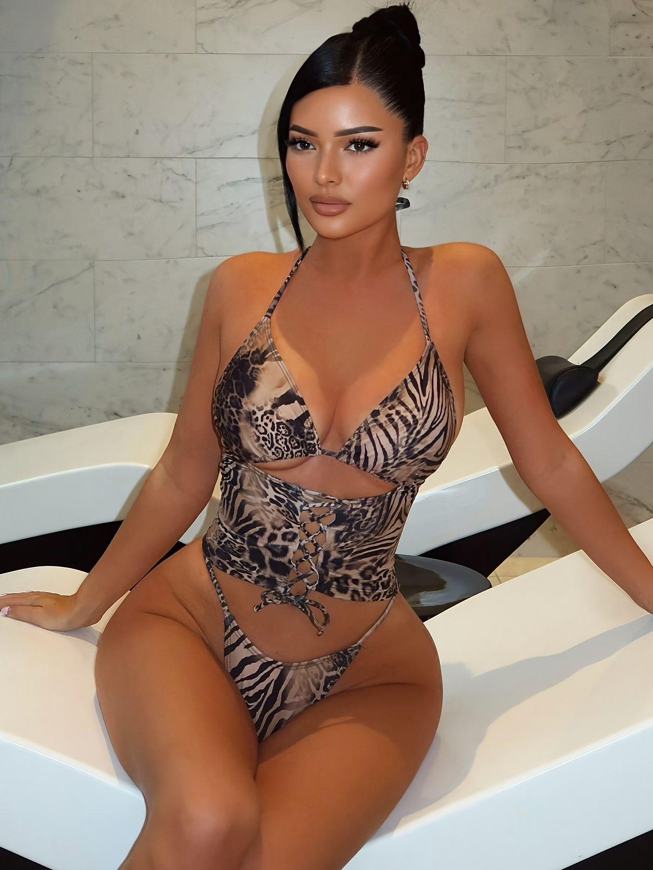 Women's 2 Piece Tankini Swimsuits Cheetah Zebra Striped Halter Lace Up Summer Beach Clothing tankini suit tank stylish woman bikini elegant swimwear