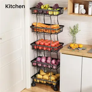 5 Tier Stackable Fruit Basket with Wheels for Kitchen Storage and Organization, Black - Portable Mesh Design, Sturdy High Quality Organiser Racks