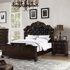 Bellemave 3pc Traditional Antique Cherry Queen Size Tufted Faux Leather Bed Frame Set with Headboard, 2 Nightstands & Bedroom Decor for Indoor Bedroom Furniture