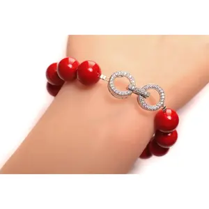 Red South Sea Shell Pearl 12mm High Luster CZ diamond fancy Hook and Eye Silver Rhodium Clasp Bracelet, Gift for Her
