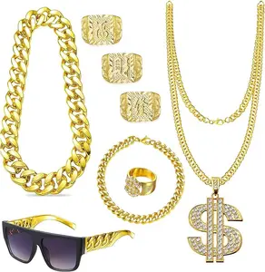 80s 90s Hip Hop Costume Accessories Kit for Men Women, Complete with Old School Rapper Sunglasses, Faux Gold Rope Chain Necklace, Dollar Sign Pendant, Kanji Ring, and Bracelet, Men and Women Retro Themed Events, Party Decorations, Rapper Jewelry