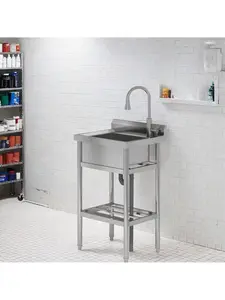 Utility Sink, Freestanding Single Bowl Sink With Cold And Hot Water Pipe, Stainless Steel Kitchen Sink With Faucet, Indoor And Outdoor Hand Washing Basin For Kitchen And Bathroom