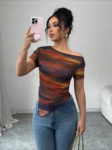 Women's New Chic Fashion Asymmetrical Shoulder Gradient Print Top, Sheer Mesh Long Sleeve, Irregular Hem, Casual Spring Fall Essential