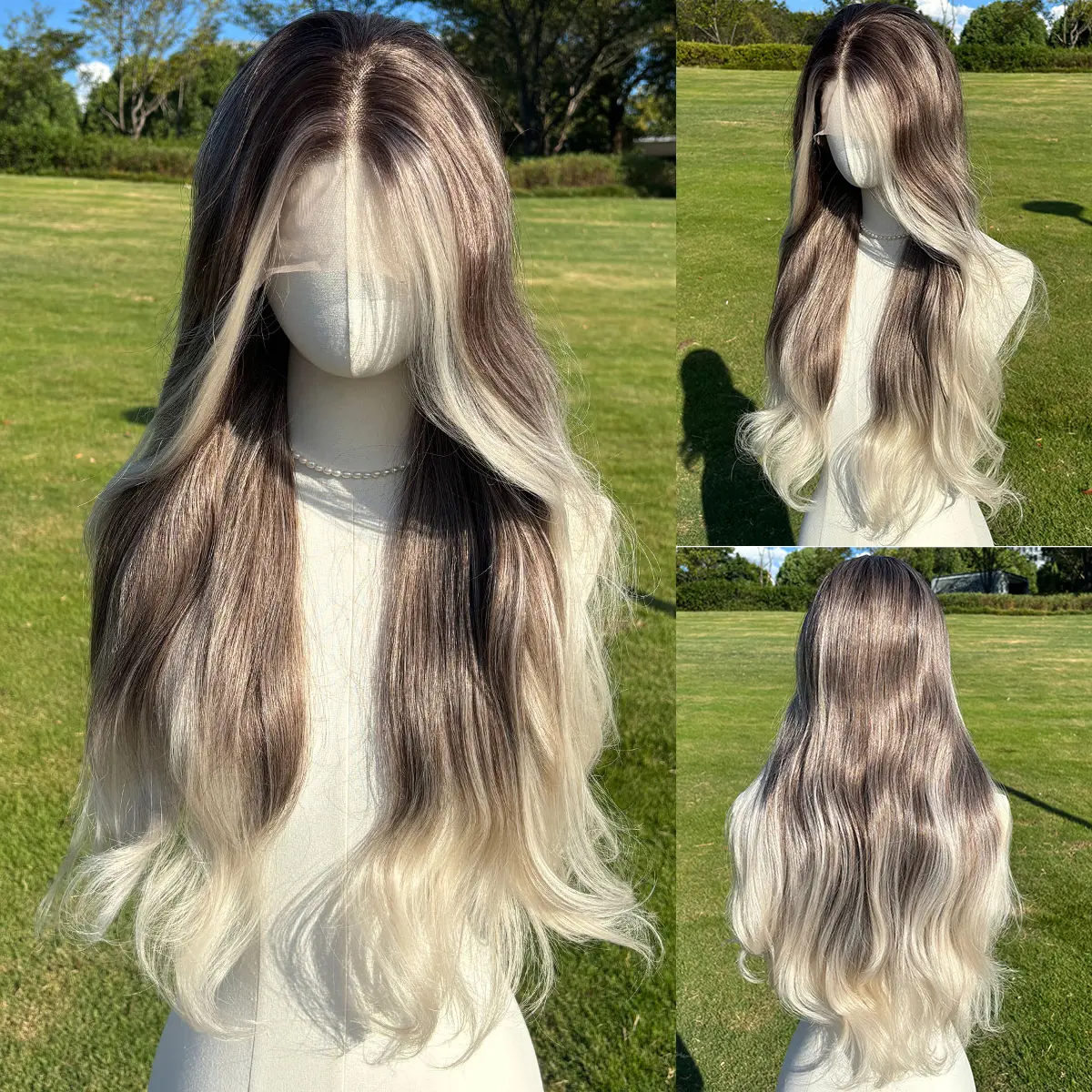SMILCO/26-inch |Ombre Grey Blonde Highlight Water Wave 13*4 Free Part Lace Front Wigs/ SM9222 Fluffy Long