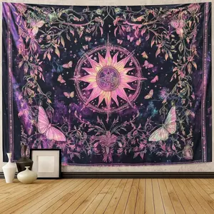Vintage Sun Moon Polyester Woven Tapestry Wall Hanging, Boho Whimsical Home Decor, Purple-Pink Butterfly Bedroom Decor, Large Girly Home Wall Art