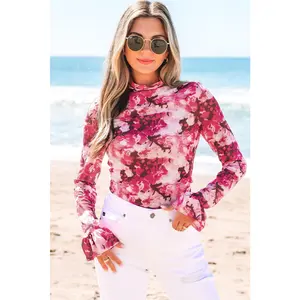Rose Floral Mesh Flounce Sleeve Mock Neck Blouse