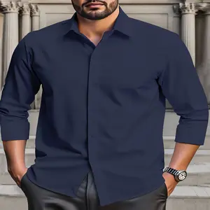 Plus Size Men's Lightweight Casual Button-Up Shirt, Long Sleeve, Solid Color, Polyester, Smooth Texture, Flap Collar, Versatile Dress Shirt for Spring/Summer/Fall, Easy Care