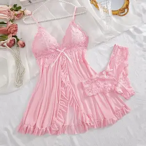 Split Contrast Lace Nightgown Set, Sexy V-Neck Dress with Bow Detail, Solid Color Camisole Sleepwear for Women's Elegant Loungewear,Adjustable Sleeveless Open Back for Spring Summer Fall, Home Sleepwear & Lounge Dress
