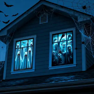 Halloween Window Cover Decorations 2 Pcs, Fabric Spooky Ghost Skeleton Curtain Poster Door Covering Decor, Scary Window Decor Party Supplies Indoor Outdoor