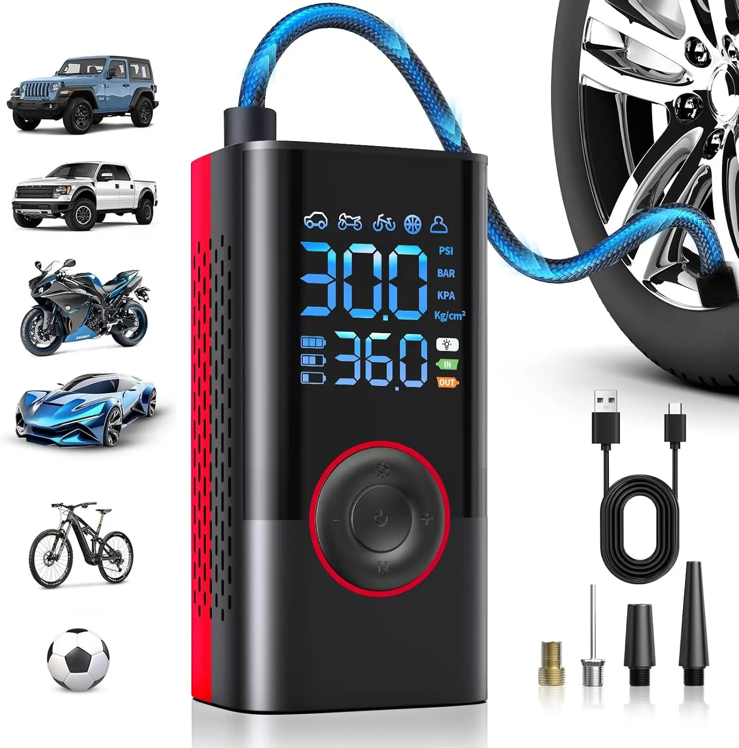 2026 New Cordless Automobile Tire Inflator - Wireless Cordless Mini Pump, Built-in Bat, Tire Inflator with Gauge, 180PSI Digital Gauge, LED Light, Car Repair Tool for Car, Bicycle,Motorcycle and Ball Tires