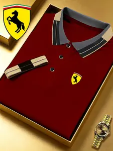 Men's Polo Shirt with Horse Emblem Print, Fitted Casual Geometric Pattern, Breathable Stretch Fabric, All-Season Comfortable Wear