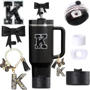 6 count Black  Cup Accessories Set, Bow Straw Topper for  Cup 30oz 40oz, Including Straw Topper and Bow  Boot, Stoppers Spill Proof, Handle Charm, Initials Sticker