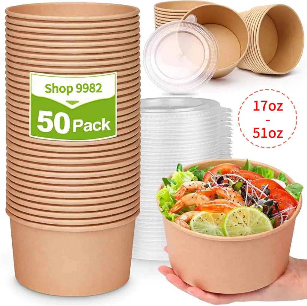 Unicup 【50 Pack】 Kraft Paper Bowls with Lid,Disposable Soup Salad Serving Bowls, Microwave Freezer Safe Unicup 【50 Pack】 Kraft Paper Bowls with Lid,Disposable Soup Salad Serving Bowls, Microwave Freezer Safe