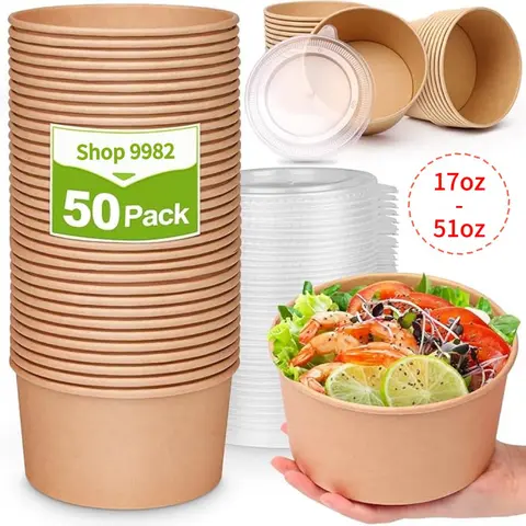 Unicup 【50 Pack】 Kraft Paper Bowls with Lid,Disposable Soup Salad Serving Bowls,  Microwave Freezer Safe