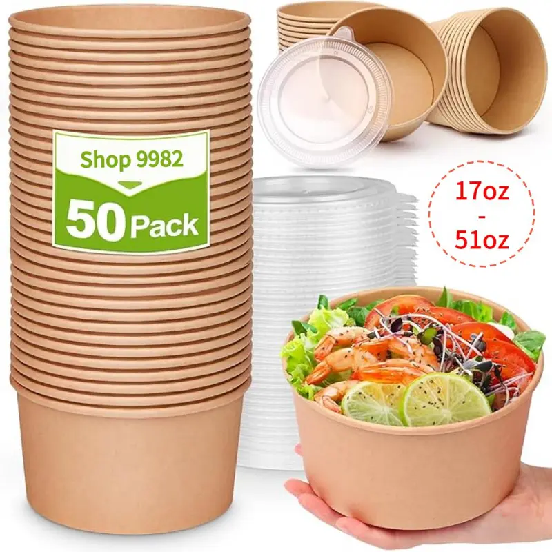 Unicup 【50 Pack】 Kraft Paper Bowls with Lid,Disposable Soup Salad Serving Bowls, Microwave Freezer Safe