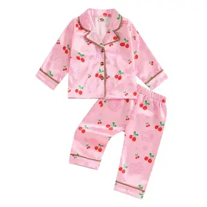 Pajamas for Toddler Girls Kid Baby Silk Pjs Strawberry Cherry Print Long Sleeve Tops Long Pants 2 Pieces Pjs Nightgowns Sleepwear(Sheet)