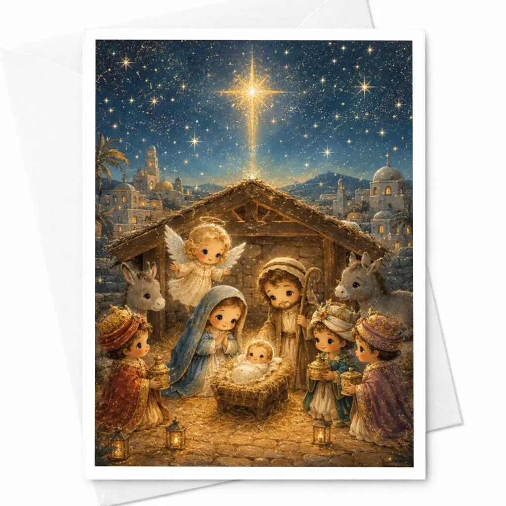 Nativity Scene Christmas Card Cute Angelic Holiday Greeting Card For Family Religious Christmas Card Spiritual C5097