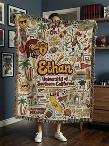 Custom College Campus Graffiti Woven Blanket, Personalized Doodle Party Style Dorm Throw, Graduation Gift for Students