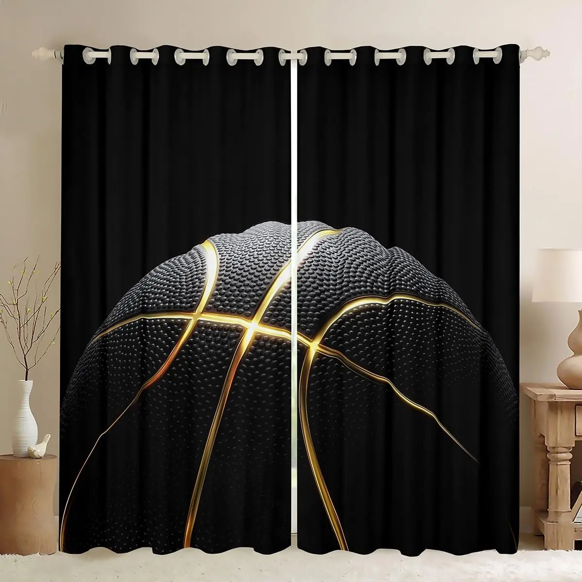 Basketball Window Drapes (2 Panels) Gaming Sports Blackout Shades Window Treatments Ball Games Curtain Gift for Basketball Lover Gold and Black Room Decor