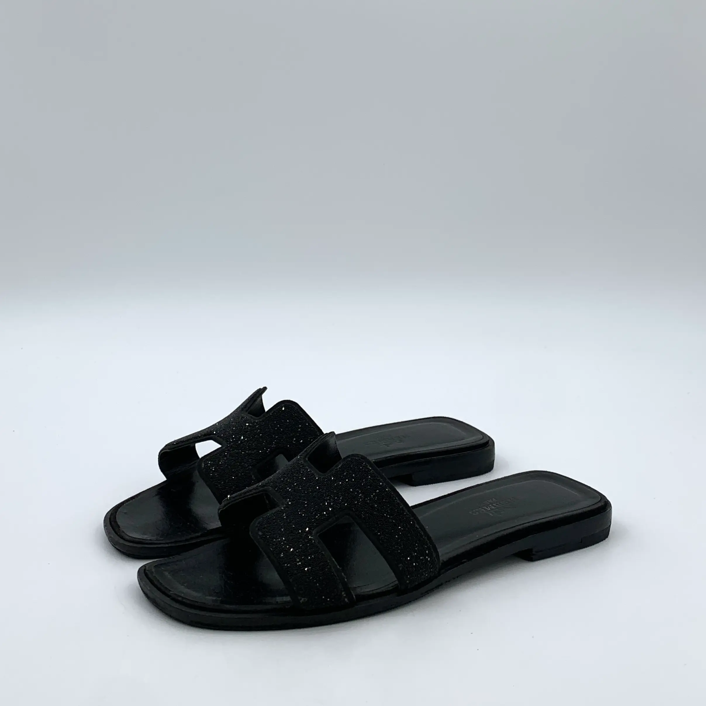 RDLT-Hermes Oran Black Crystal H Flat Slides Size 36-H35597