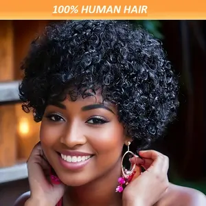 Wholesale 2025 NEW 1pc Brazilian Water Wave Human Hair Wig for Women - Short Pixie Cut, Kinky Curly, Full Machine Made, Non Lace Rose Net Cap, 180% Density, Basic Style