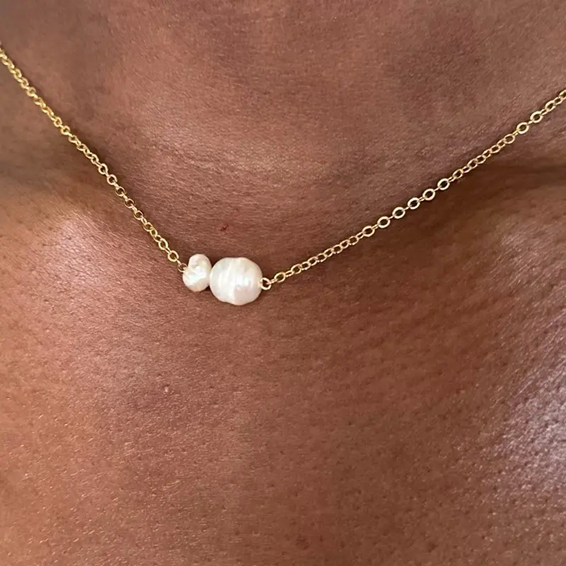 Double Freshwater Pearl Necklace - 16 Inch Gold-Plated Chain with 2 Inch Extension, Radiant Freshwater Pearls for Elegant Statement