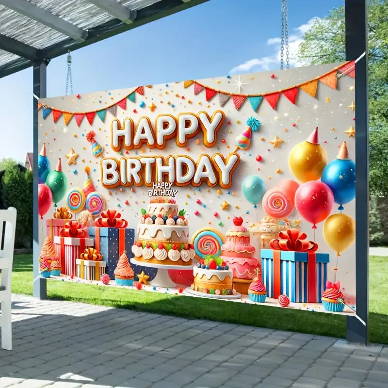 Happy Birthday Cake & Gift Pattern Backdrop, Polyester Backdrop, 1 Count Colorful Birthday Party Background Banner, Party Decoration Supplies for Indoor & Outdoor, Party Decorations Banners