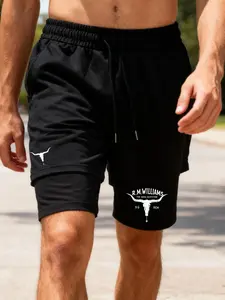 Men's Longhorn Print Layered Two-Piece Shorts, Breathable Comfortable Casual Summer Gym Shorts, Drawstring Elastic Waist