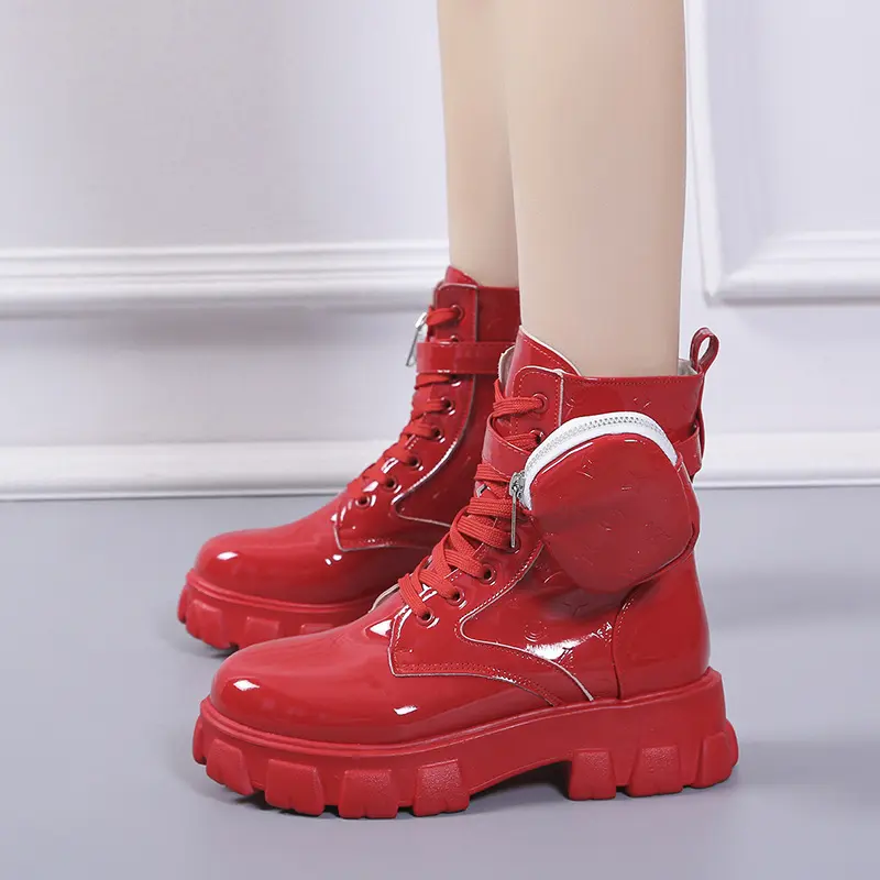 Women Patent Leather Platform Combat Boots, Lace Up Ankle Booties with Mini Side Pocket, Lug Sole Mid Heel Fashion Short Boots for Daily Street Club Wear