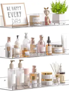 Acrylic Shelves for Bathroom Storage, 15" Floating Shelves Wall Organizer for Perfume, Make up, Skincare, Kids Bookshelf for Bedroom, Nursery, Living Room Decor, Clear, 4 Pack