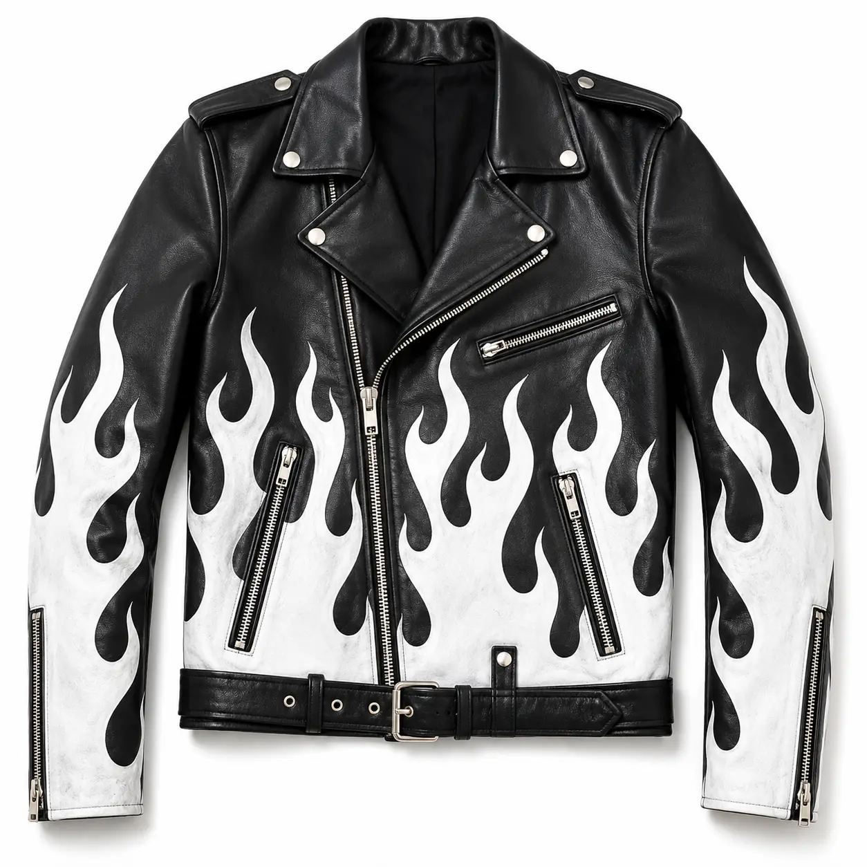 Men's Ghost Rider Genuine Leather Motorcycle Jacket, Black and White Flame Biker Jacket, Zip Front Moto Leather Coat