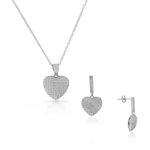 925 Sterling Silver White Clear CZ Love Heart Chandelier Dangle Earrings Pendant Necklace Set