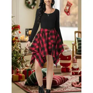 【Plus Size】 Plaid Print Asymmetrical Hem Skirt, Casual Knee Length Skirt for Fall & Winter, Women's Bottoms for Daily Wear
